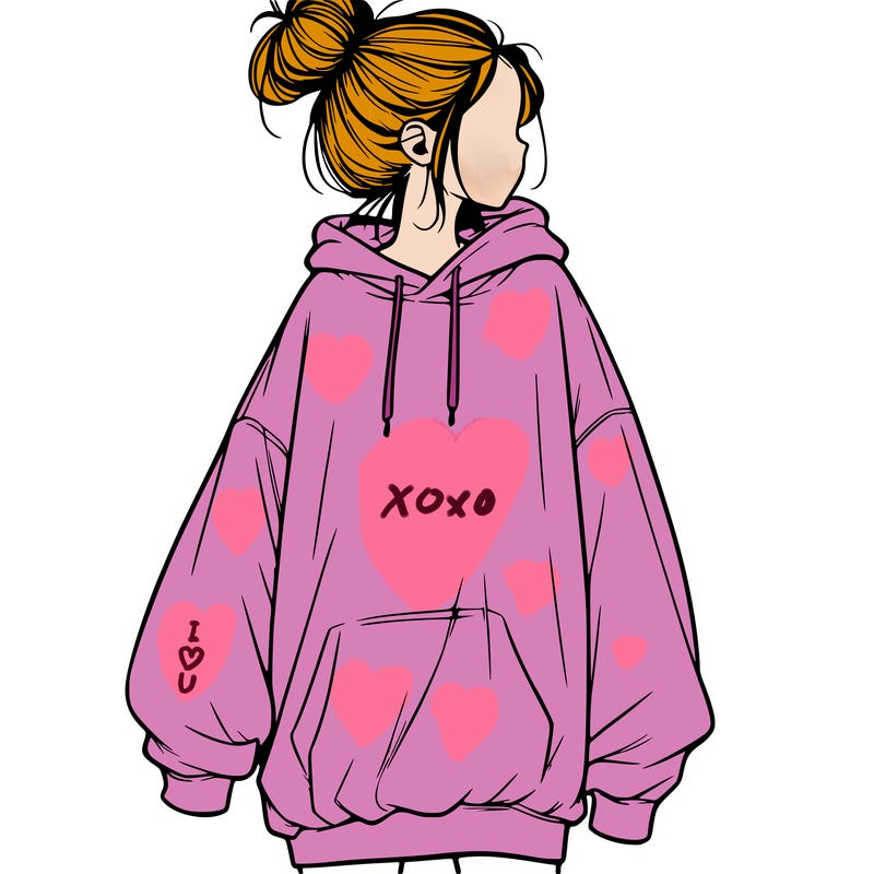 realistic girl with a oversized sweatshirt on and a bun