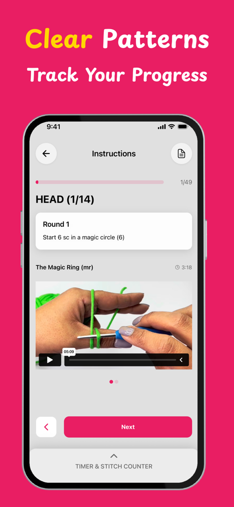 A crochet tutorial screen showing a video lesson for the magic ring stitch and step by step progress tracking