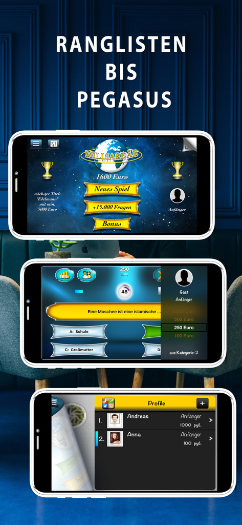 Millionär Strategiequiz M PRO - Screenshots eines deutschen Quizspiels, die das Hauptmenü, Quizfragen und Spieler-Ranglisten zeigen.