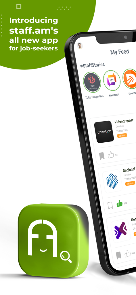 Staff.am - Staff.am mobile app interface showing job listings and the My Feed section for job seekers in Armenia
