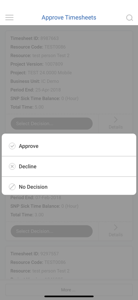 Workforce Logiq Mobile app interface for approving or declining contingent worker timesheets