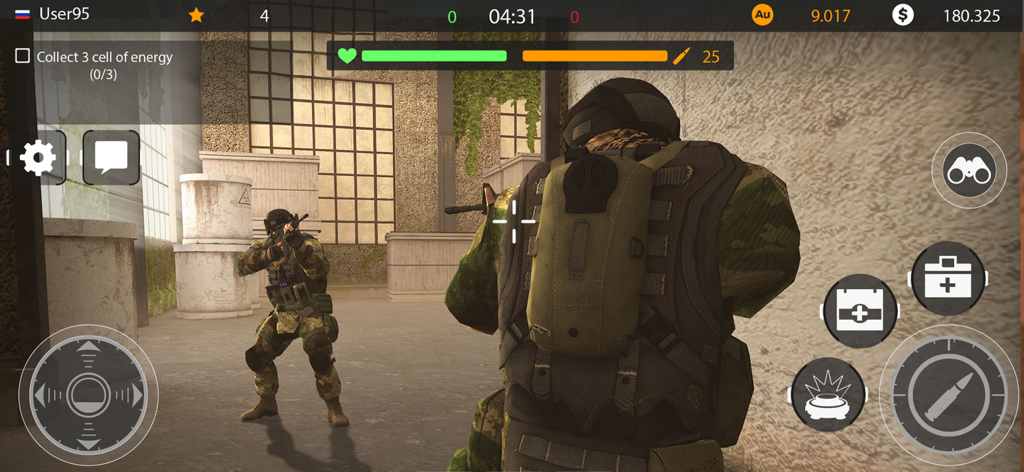 Third person view of a soldier in military camouflage gear during a tactical combat mission in an industrial warehouse