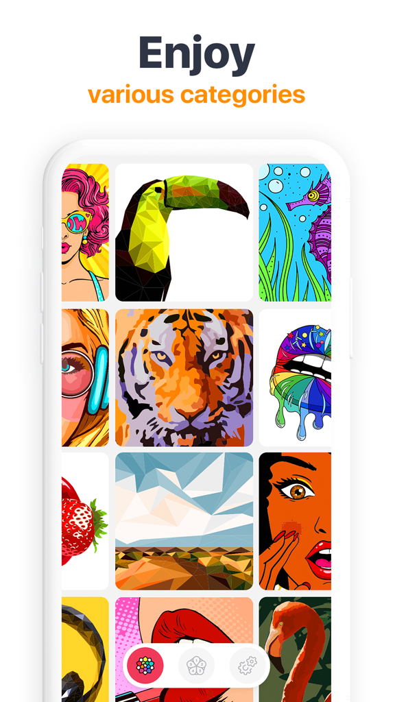 Tap & Color - Coloring book - A mobile screen showing various coloring categories including a tiger toucan and pop art illustrations