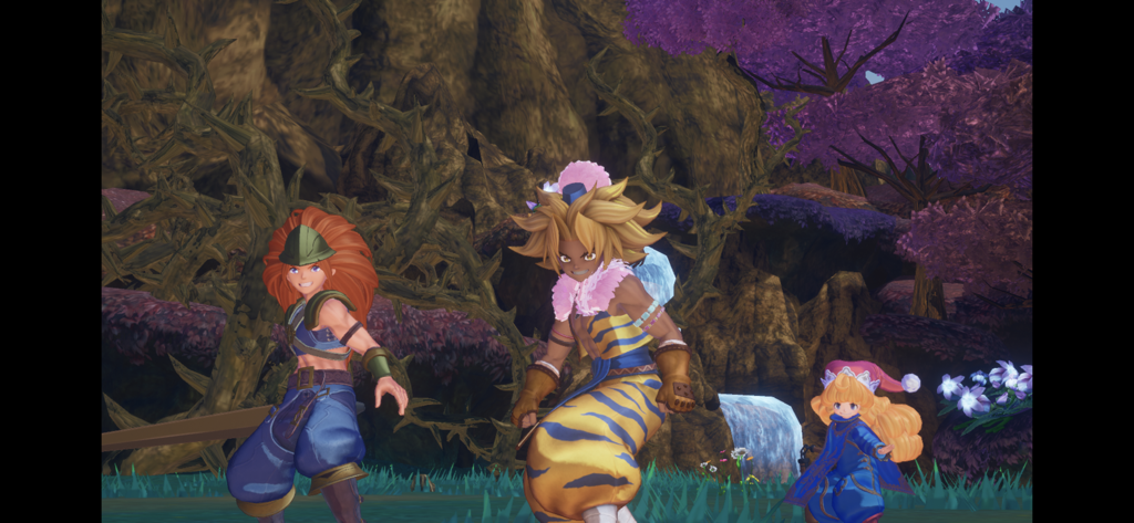 Duran Kevin and Charlotte standing in a lush 3D forest environment with purple trees and a waterfall