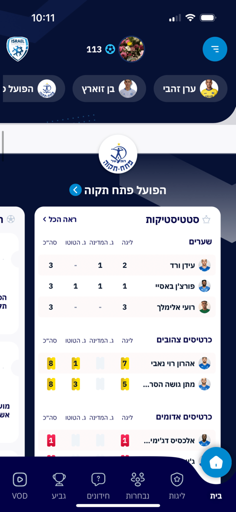 Israel Football Association app screen displaying player statistics for goals and cards