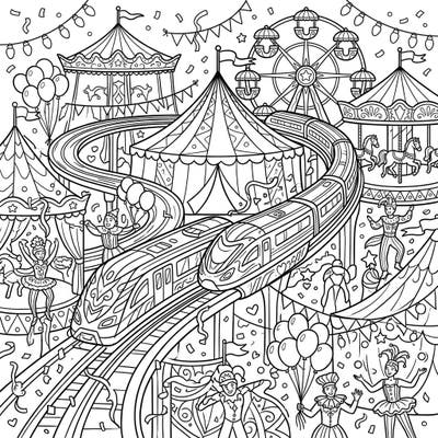Experience the thrilling fusion of cutting-edge technology and classic carnival joy with this unique coloring page. Watch as sleek maglev trains glide through a vibrant fairground filled with tents, rides, and performers, ready for your creative touch.