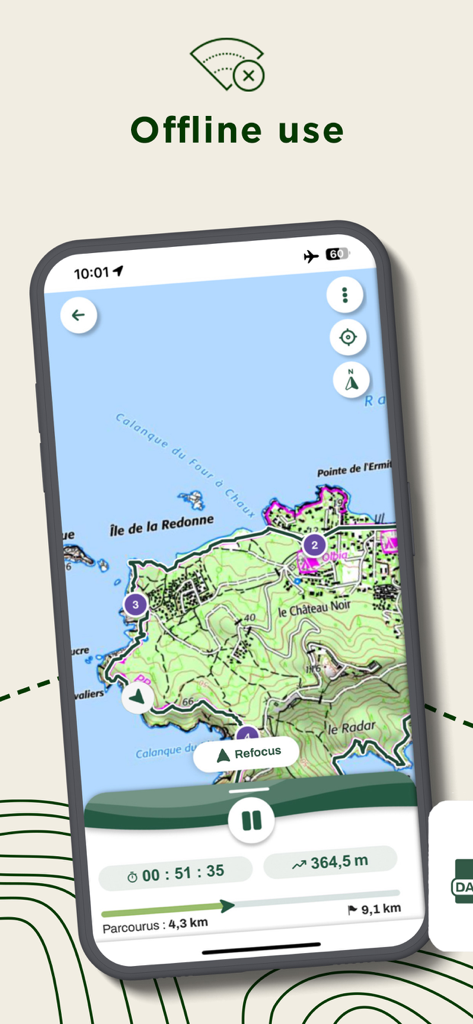 MaRando app interface showing offline topographic maps and trail navigation statistics