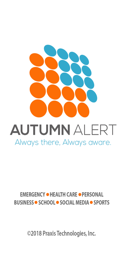 Autumn Alert: Personal Safety - Autumn Alert Personal Safety App Startbildschirm mit Logo und Slogan "Always there Always aware"