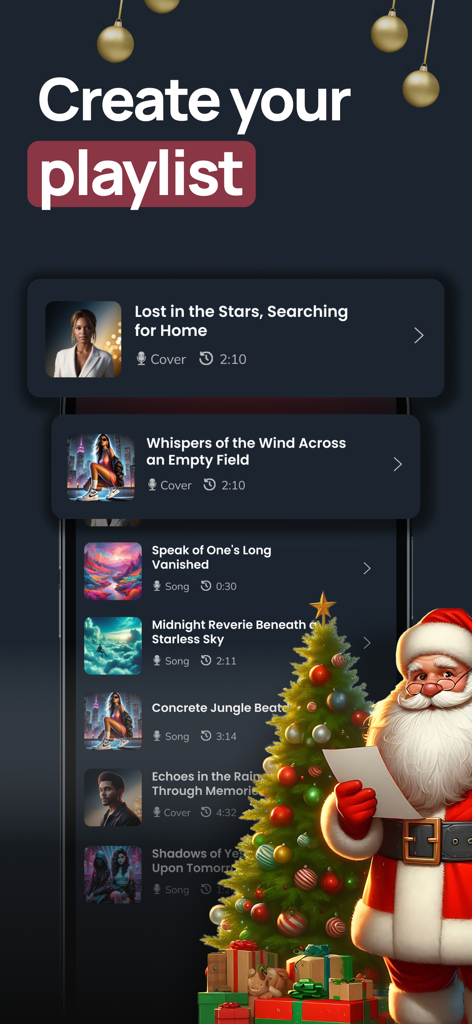 A mobile app screen showing the Create your playlist feature in the AI Music Beat app with a festive Christmas theme featuring Santa Claus.