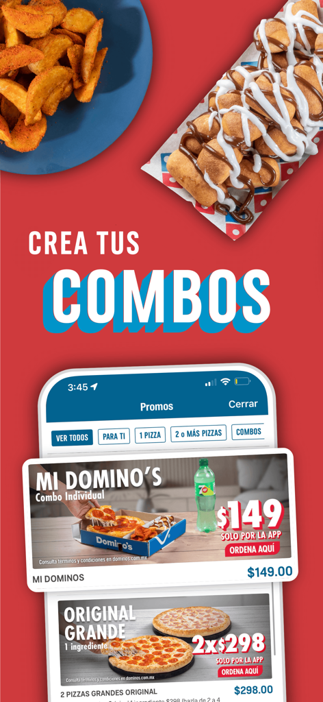 Domino's Pizza México - Domino's Pizza Mexico app interface showing pizza combo promotions and digital coupons