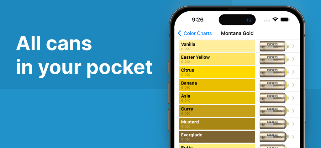 iPhone screen displaying the Cans app with a digital color chart for Montana Gold spray paint