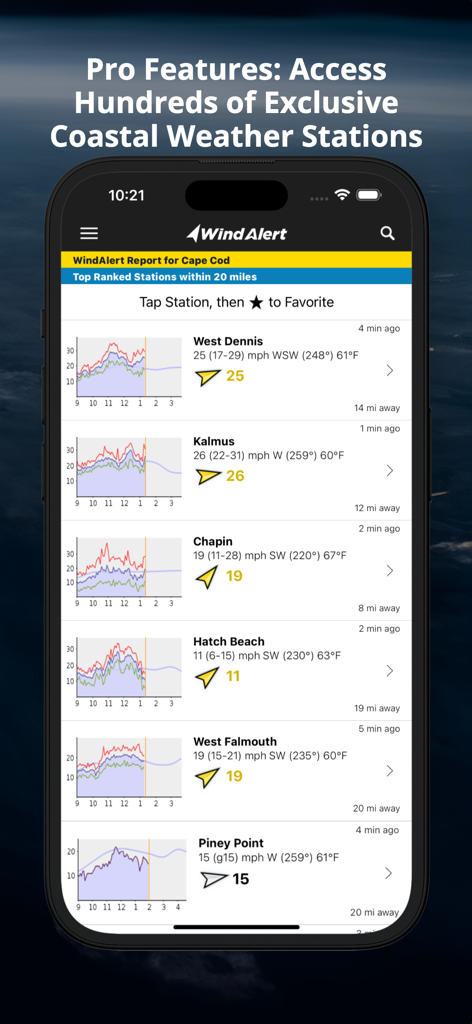 WindAlert: Wind & Weather Map - WindAlert app screenshot showing a list of exclusive coastal weather stations in Cape Cod with real-time wind speed and direction data.