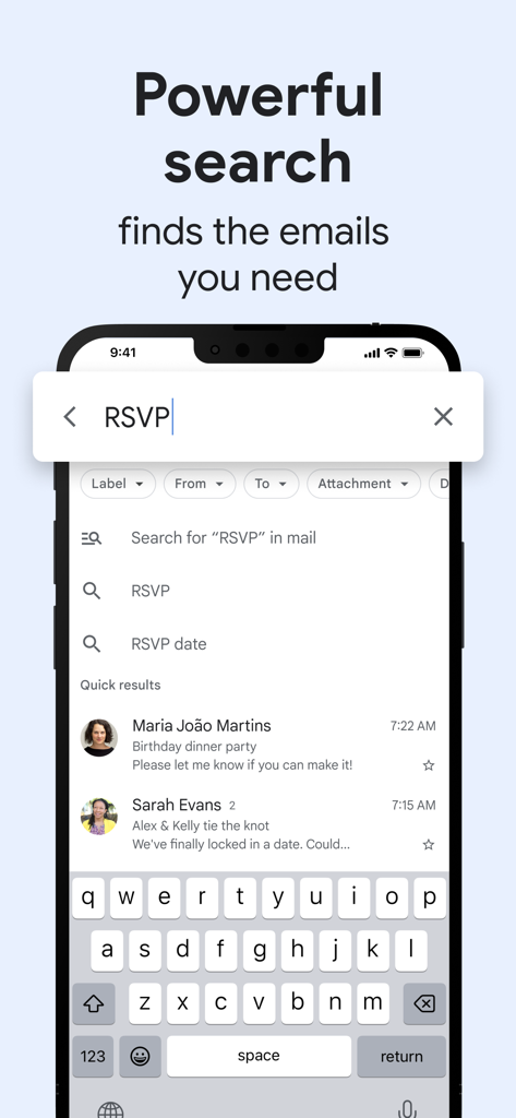 Gmail mobile app interface showing the powerful search feature with results for an RSVP query