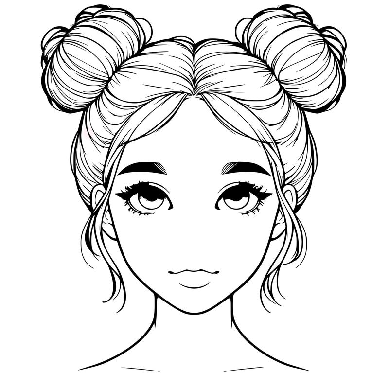 realistic girl with two buns on top of her head