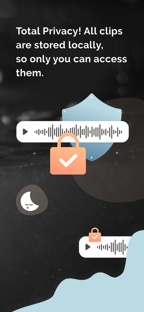 Sleepy - Sleep Talk Recorder - Infographic showing Sleepy app's total privacy feature where audio clips are stored locally with a secure lock and shield icon