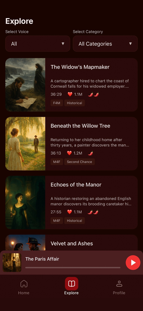 Explore screen of the Whisper Stories app showing a curated library of romantic audio stories with genre and spice level tags.