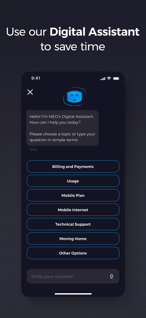 L'interfaccia di chat dell'assistente digitale dell'app my MEO che mostra opzioni di supporto automatizzato per fatturazione, utilizzo e supporto tecnico
