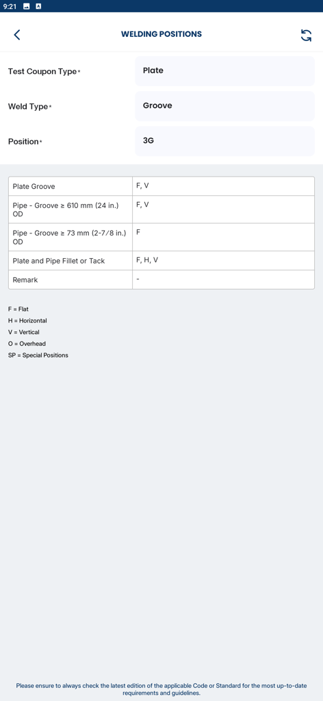 ASME IX Welding - ASME IX Welding App-Bildschirm mit einer Tabelle zur Qualifizierung von Schweißpositionen für Stumpfnähte an Platten und Rohren.