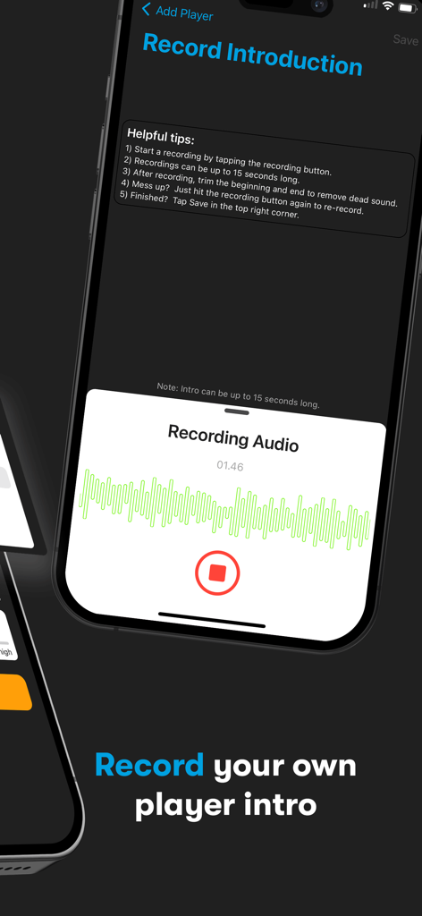 Next Batter Up: Walk-Up Music - Screen showing the voice recording feature for custom baseball walk up introductions