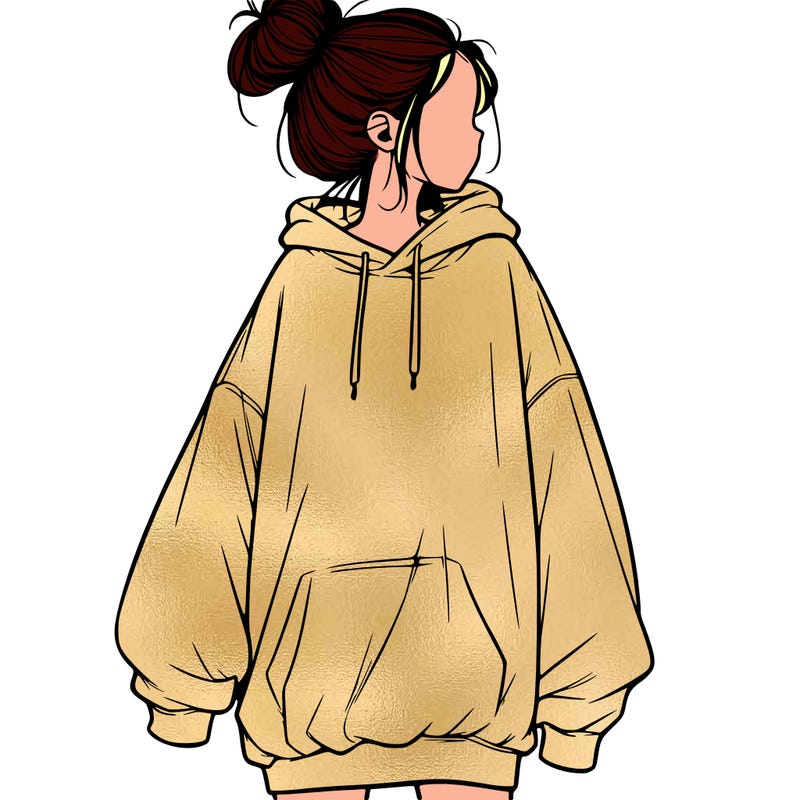 realistic girl with a oversized sweatshirt on and a bun