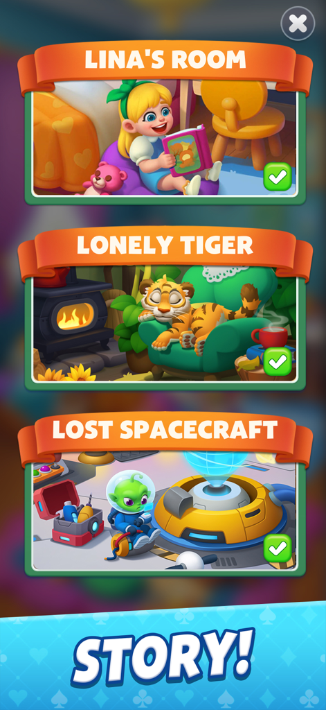 Solitaire Story - A menu screen displaying completed story levels in Solitaire Story including Linas Room and Lonely Tiger.