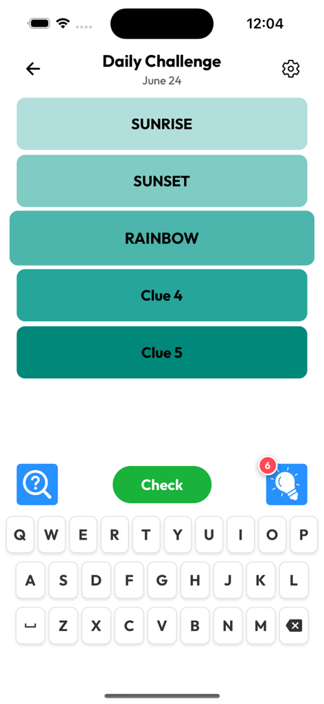 PinPoints - Word Guessing Game - Daily challenge screen in the PinPoints word guessing game with clue words like sunrise and rainbow.