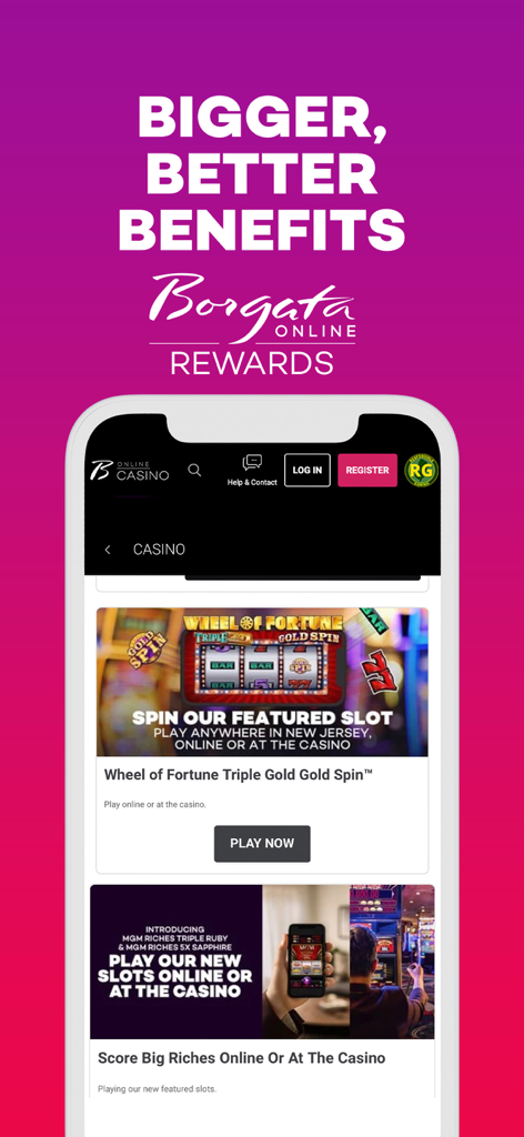 Borgata Casino - Real Money - Borgata Casino Mobile App-Oberfläche mit Treueprämien und vorgestellten Spielautomaten.