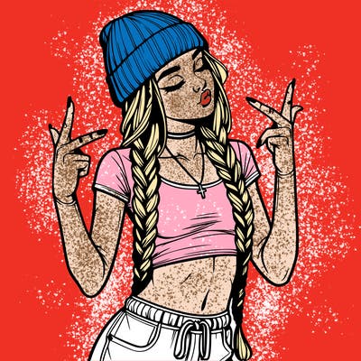 realistic teenage girl with braids and a beanie and crop top doing 🫶🏼