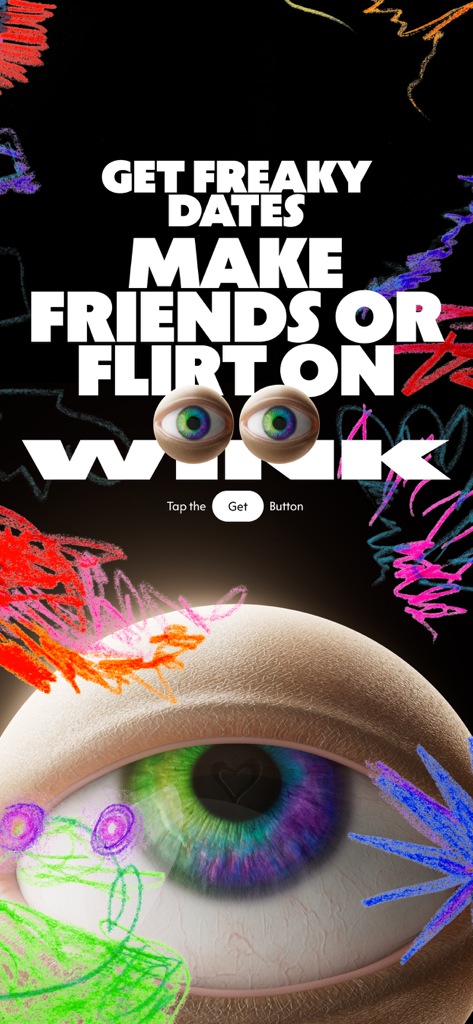 Wink Dating: Meet, Chat & Date - Pantalla promocional de la app de citas Wink con gráficos surrealistas de globos oculares y garabatos coloridos con el texto haz amigos o flirtea