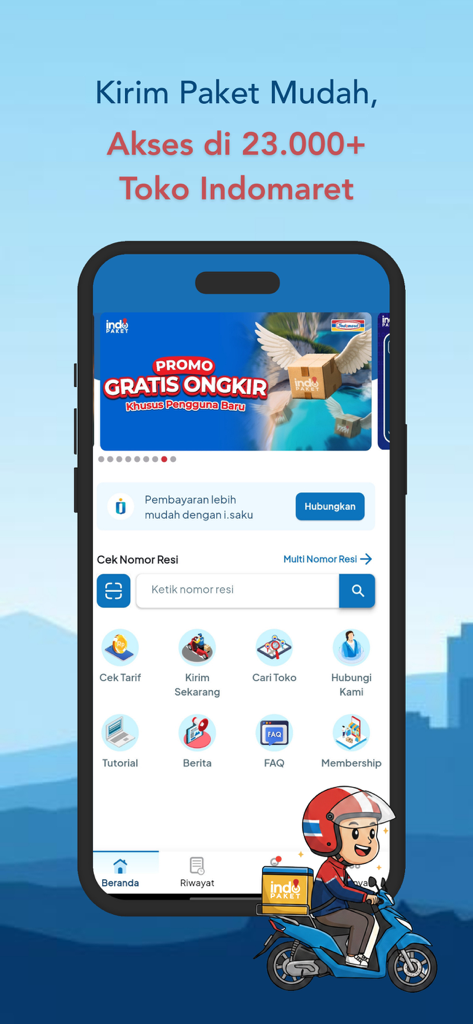 The home screen of the INDOPAKET app showing shipping features and package tracking tools.