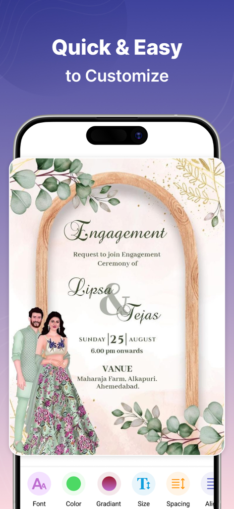 Invitation Card & Design Maker - Une interface mobile d'une application de création d'invitations montrant une carte de fiançailles en cours de personnalisation avec des outils d'édition pour la police et la couleur.