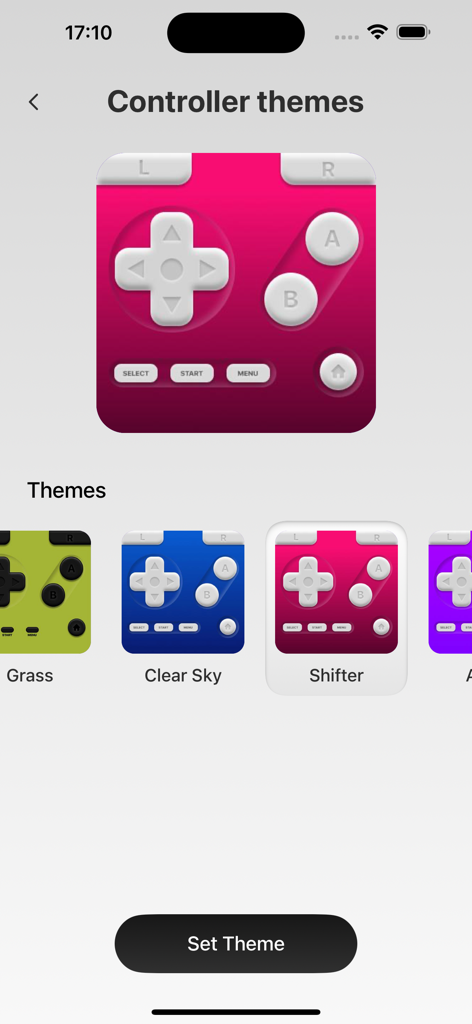 Retro Game Emulator - Interfaccia dell'emulatore di giochi retrò che mostra varie skin e temi colorati per il controller