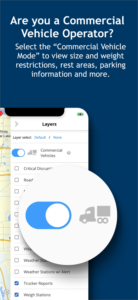Minnesota 511 app showing commercial vehicle mode settings for truck drivers