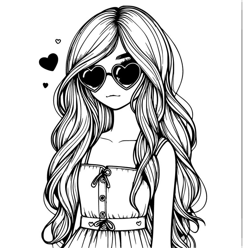 realistic girl valentine vibes long hair and cute clothes with heart sun glasses one girl