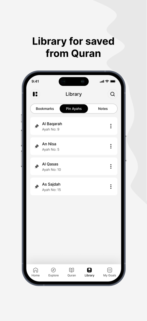 The Clear Quran® - Interfaz de la biblioteca de la aplicación El Corán Claro que muestra una lista de ayat fijados de varias suras.