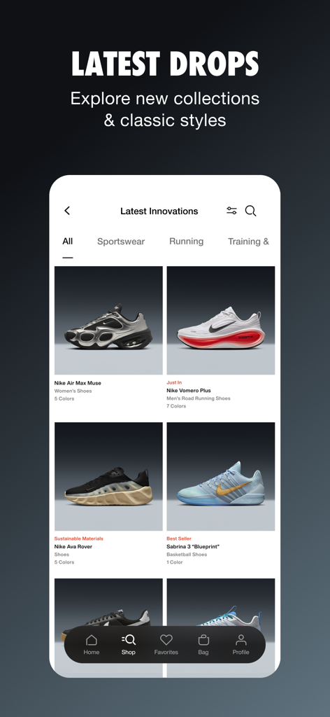 Benutzeroberfläche der Nike App mit dem Bereich 'Neueste Drops', neuen Sneaker-Kollektionen und Performance-Schuhen