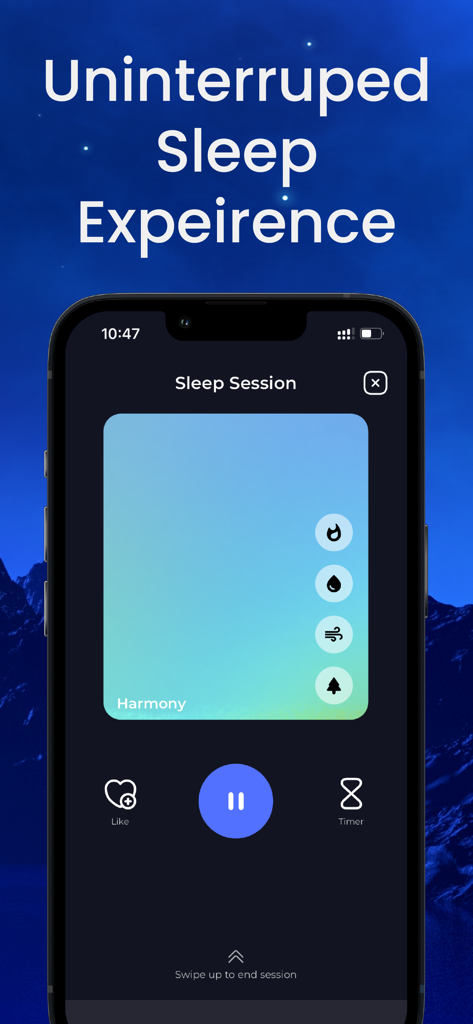 Insomnia Relief - Sleep music - Interface de session de sommeil de l'application Soulagement Insomnie proposant des sons de nature personnalisables et des commandes de minuterie de sommeil