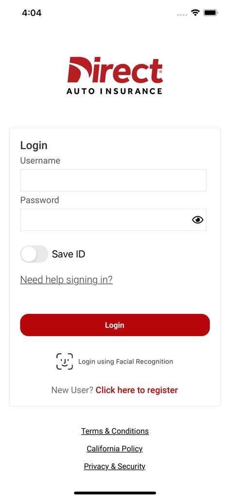 Direct Auto Insurance - Direct Auto Insurance mobile app login screen featuring username and password fields and facial recognition option