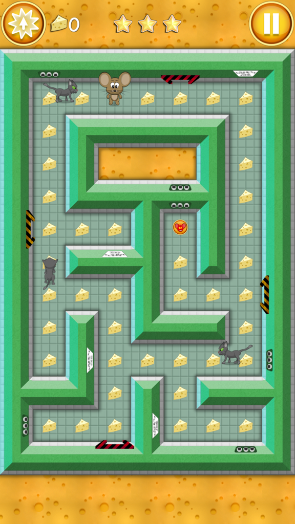 Amazing Escape: Mouse Maze - Eine Draufsicht auf Mäuschen, die Maus, in einem grünen Labyrinth mit Katzen und sammelbaren Käsegegenständen