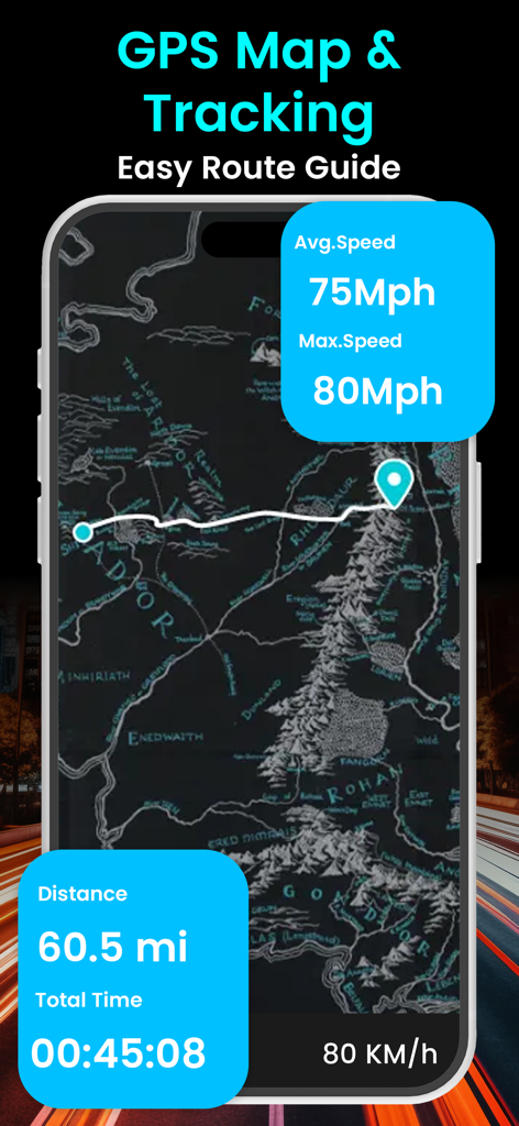 GPS Speedometer Speed Tracker+ - Interface of GPS Speedometer showing a route map with average speed distance and total travel time