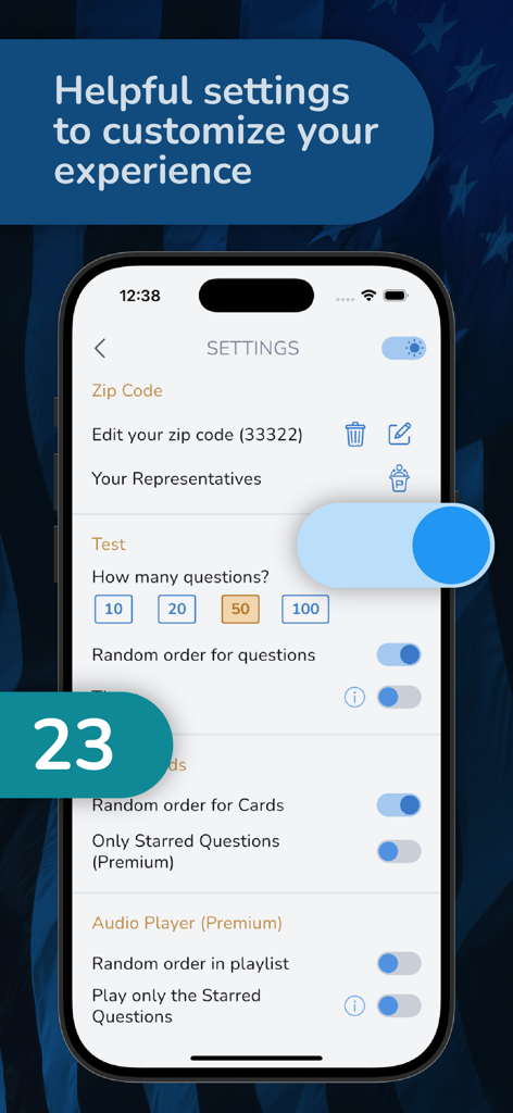 Citizen Now: US Citizenship - App interface showing settings to customize the US citizenship test experience including zip code, number of questions, and audio player options.