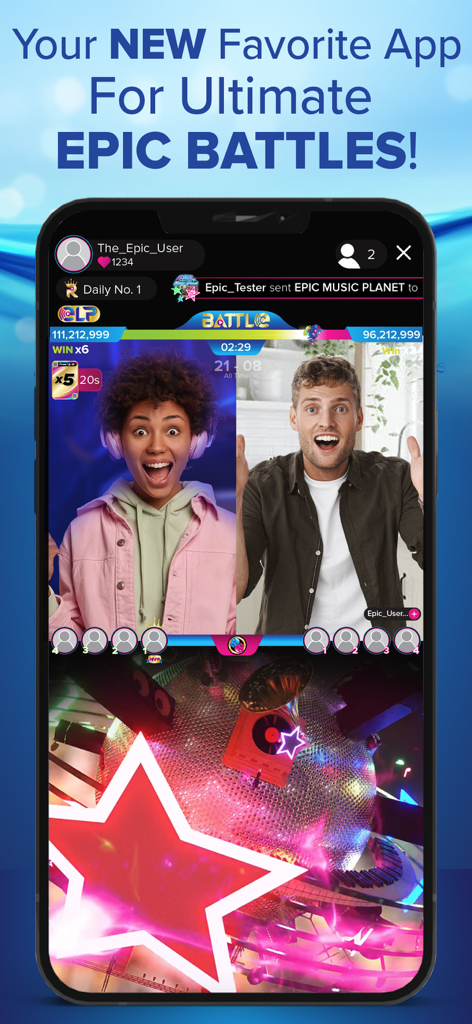 E.P.I.C. Studios - Una captura de pantalla de la aplicación E.P.I.C. Studios que muestra una batalla en vivo a pantalla dividida entre dos creadores.