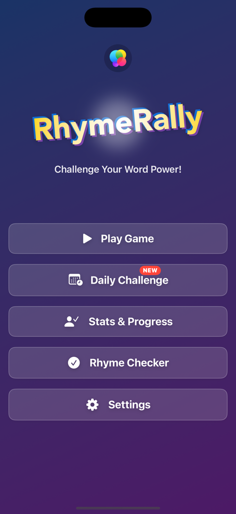 RhymeRally: Rhyming Word Game - RhymeRally main menu screen showing play options daily challenge stats and rhyme checker