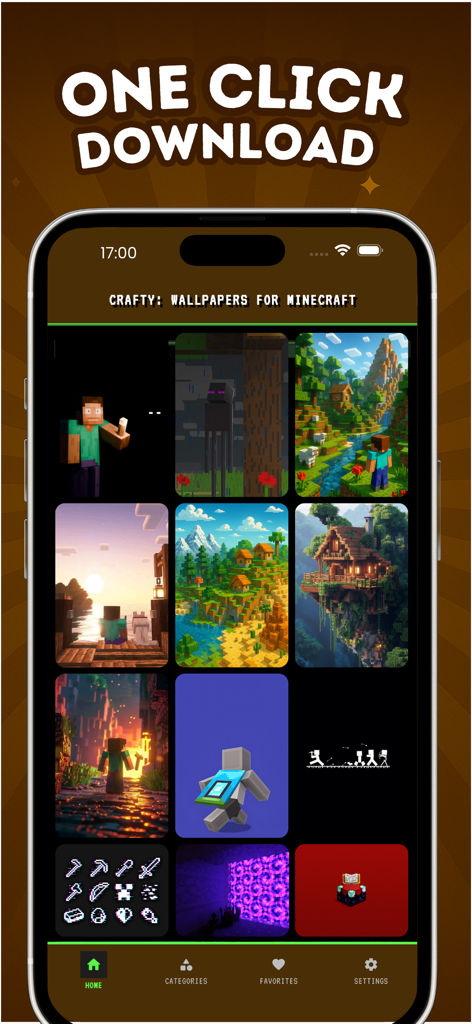 グリッドレイアウトで多様なMinecraftテーマの壁紙を表示するCraftyアプリのインターフェース。