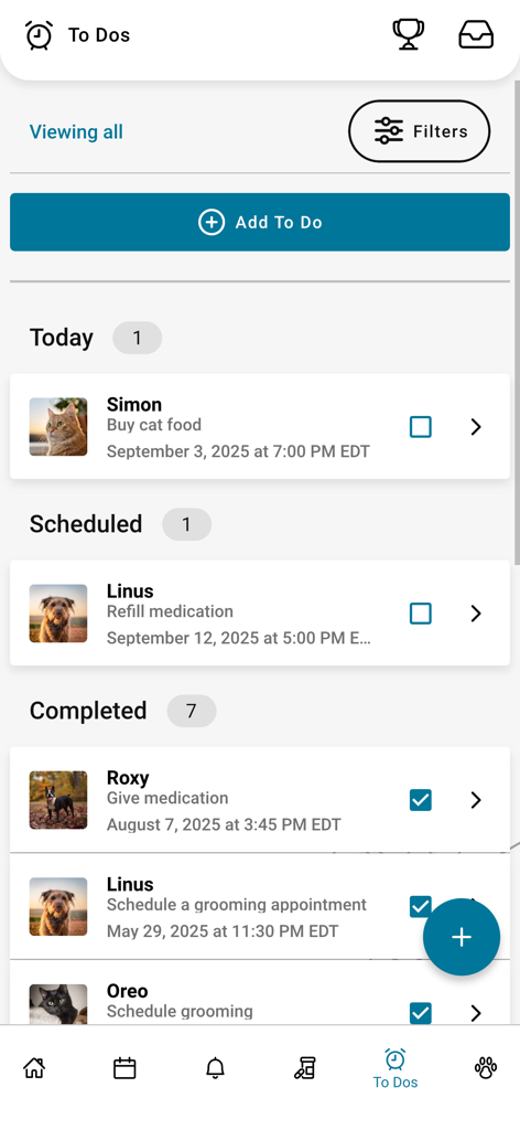 PetPage app interface showing a pet care task list with sections for today scheduled and completed to-dos for different pets
