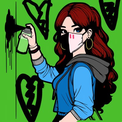 realistic girl with mask spray painting a wall