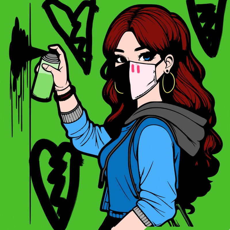 realistic girl with mask spray painting a wall