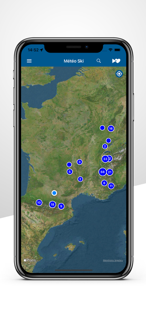 Météo-France Ski et Neige - Satellite map of France showing ski resort clusters and locations in the Meteo France Ski et Neige app