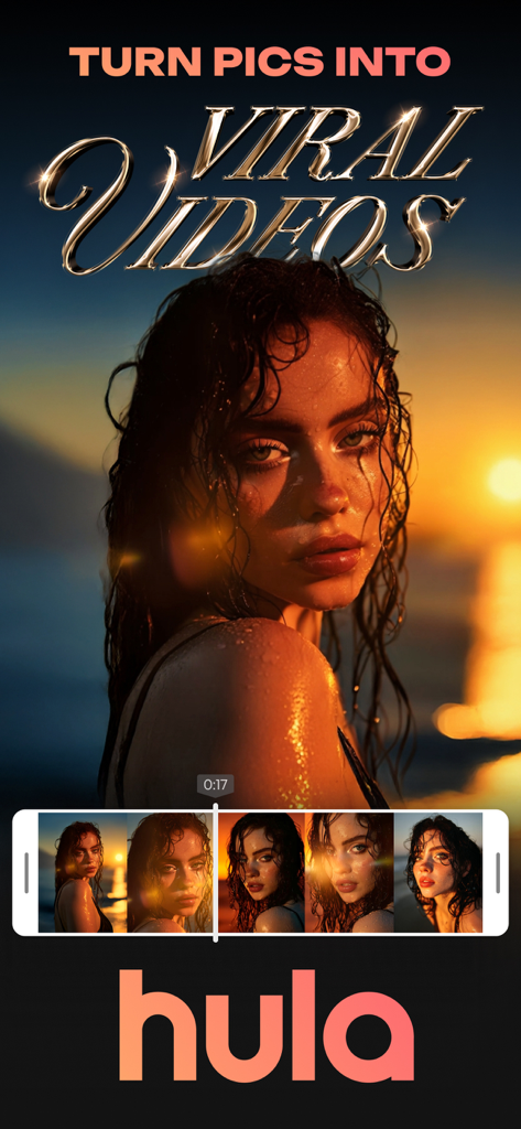 Hula AI: Photo & Video Creator - A aesthetic photo of a woman being transformed into various viral AI video styles using the Hula app