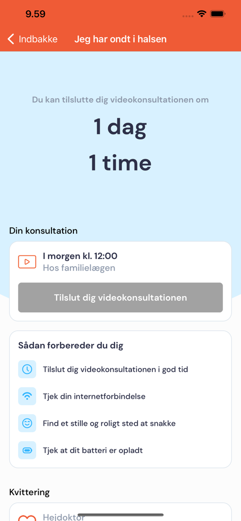 Hejdoktor.dk - Hejdoktor app interface showing a countdown timer and preparation checklist for a scheduled telehealth video consultation with a doctor